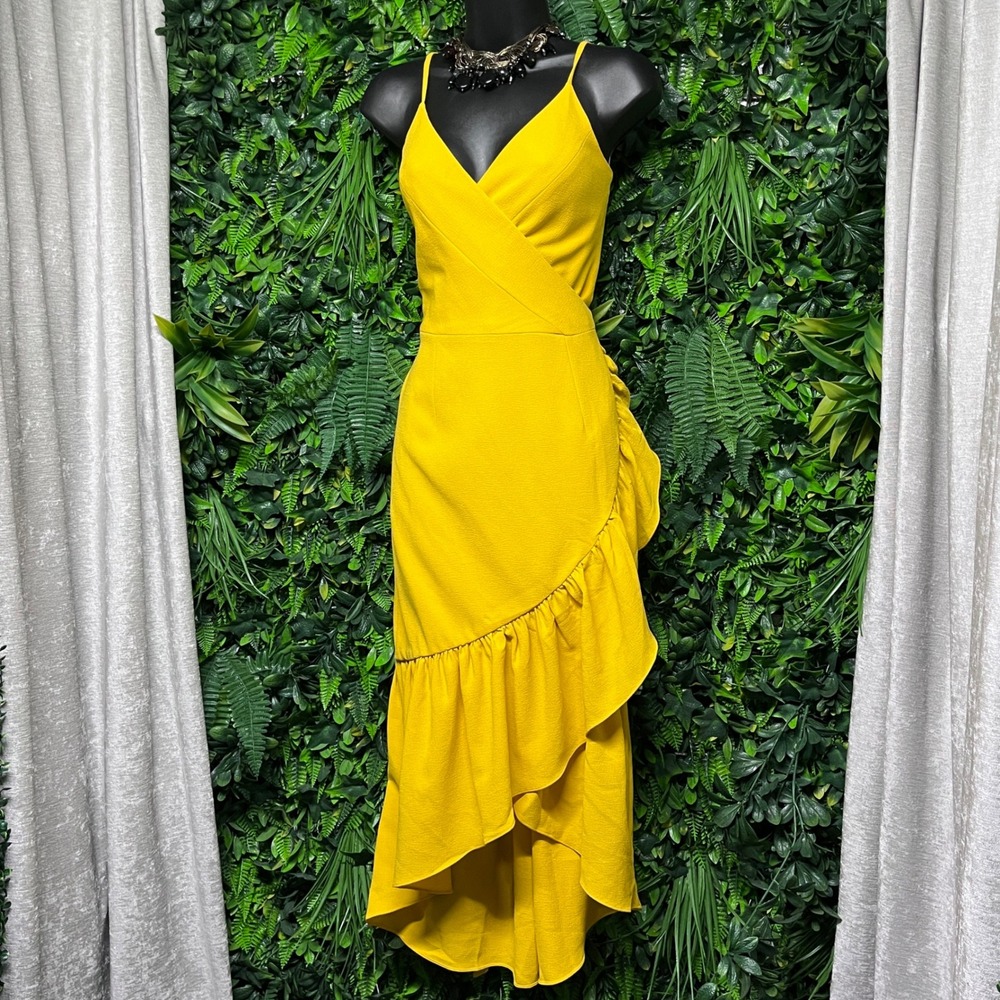 Dress The Population Dress Medium Mustard Yellow Wrap High-Low Ruffle‎ 4046